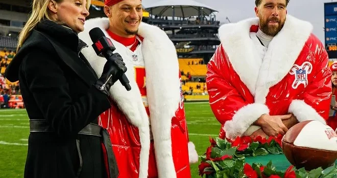 Travis Kelce and Patrick Mahomes Trade Their Uniforms for Sparkling Santa Claus-Inspired Coats After Major Christmas Day Victory